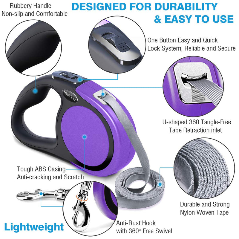 Heavy Duty Retractable Dog Leash-16ft Strong & Durable Walking Leash for S to L Dogs up to 45/115 lbs, Upgraded Lock System, Non Slip Grip, Tangle Free (Small/Medium, Purple) Small/Medium (Pack of 1) - PawsPlanet Australia