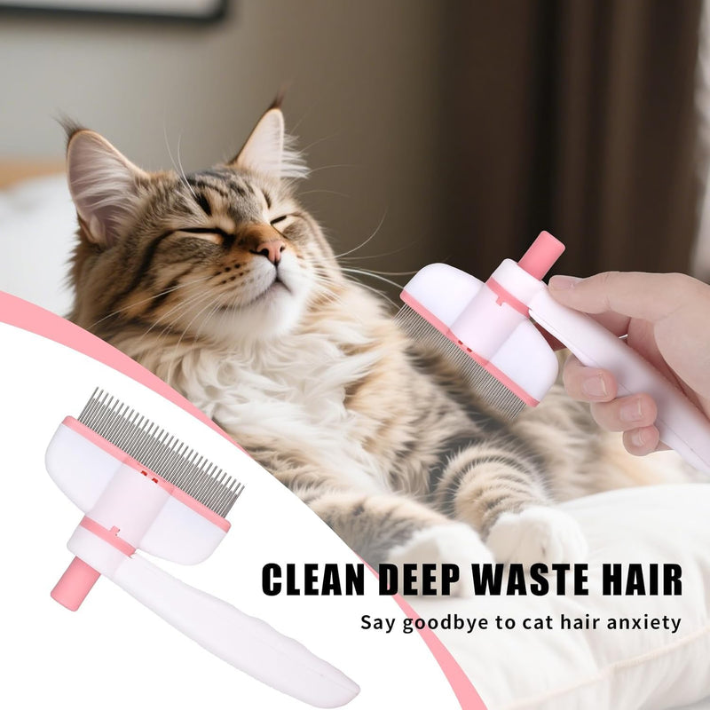 Pet Hair Removal Comb & Flea Comb with Release Button for Cats & Dogs - Grooming Brush for Short/Long Hair Pink