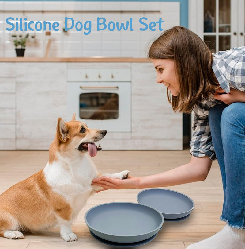 Silicone Dog Bowl Set of 2 No Spill Puppy Food and Water Dish Less Mess Cat Plates with Suction Cup Non-Tippable Feeding Bowls for Small & Medium-Sized Pets (Round Blue) - PawsPlanet Australia