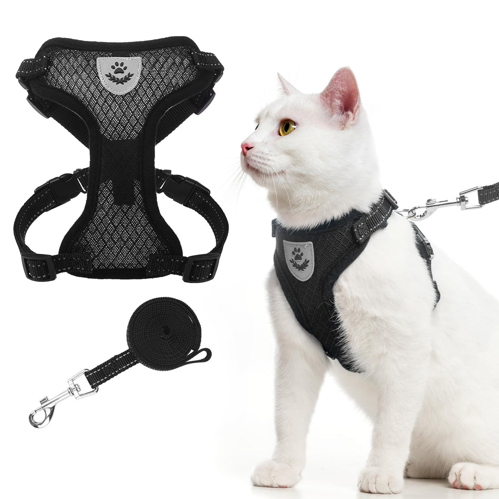 EXPAWLORER Cat Harness and Leash Set - Adjustable Escape Proof, Soft Reflective Vest Harness for Outdoor Walking, Breathable Lightweight Jacket for Small Medium Cats Black - PawsPlanet Australia