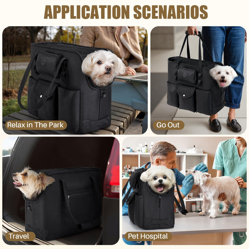 SlowTon Dog Purse Carrier - Portable Dog Carrier with Pockets & Safety Leash for Small Dogs Under 12 lbs, Breathable Pet Tote Bag for Cat Rabbit Outing, Travel, Vet (Black) Black