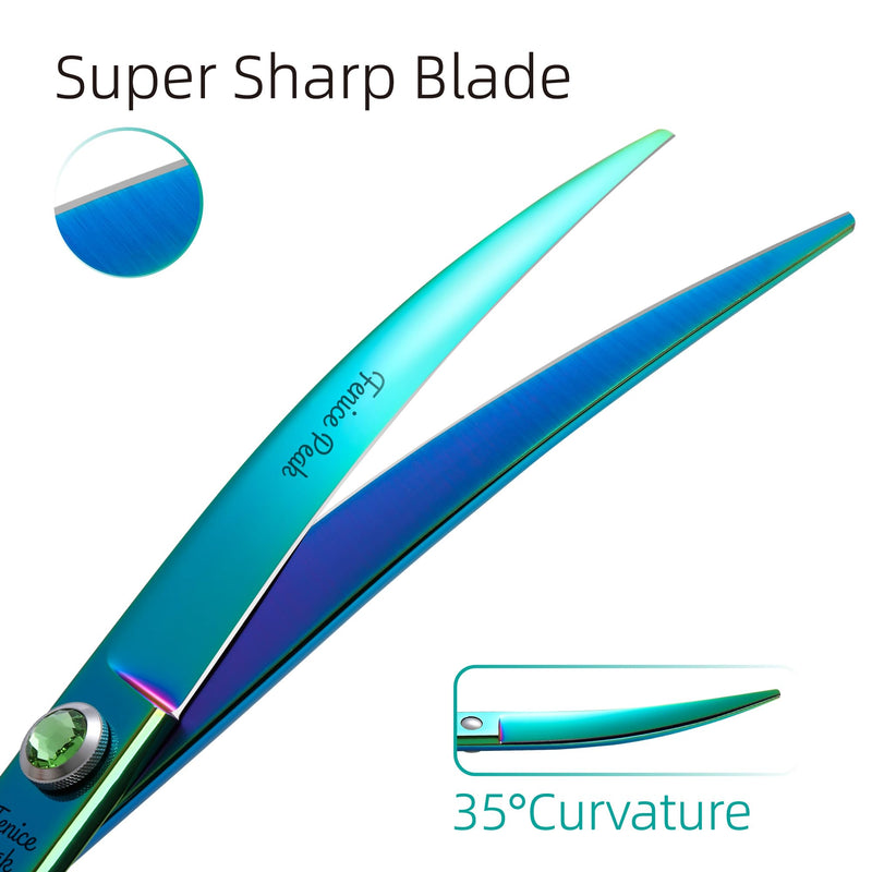 Fenice Peak 7.5'' Green Curved Dog Grooming Scissors Pet Shears with Ergonomic Offest Handle and Simulated Emerald Screw 440C Grooming Scissors Trimming Shears Durable and Sharp - PawsPlanet Australia