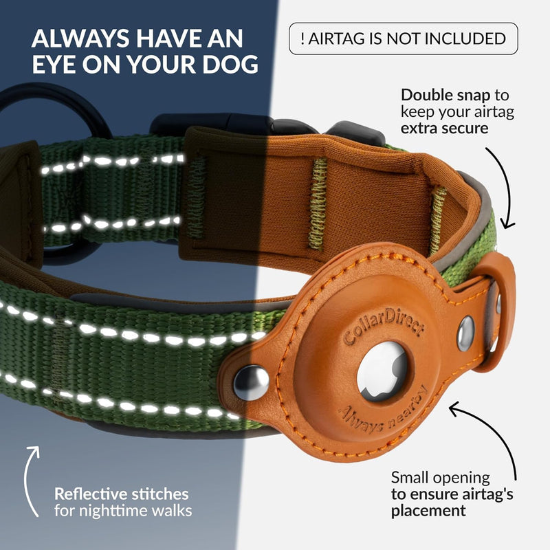 Airtag Dog Collar, CollarDirect, Reflective Dog Collar for Apple Air Tag for Large, Medium, and Small Dogs, Black, Green, Pink (L, Green) Large 16.5"-20" - PawsPlanet Australia