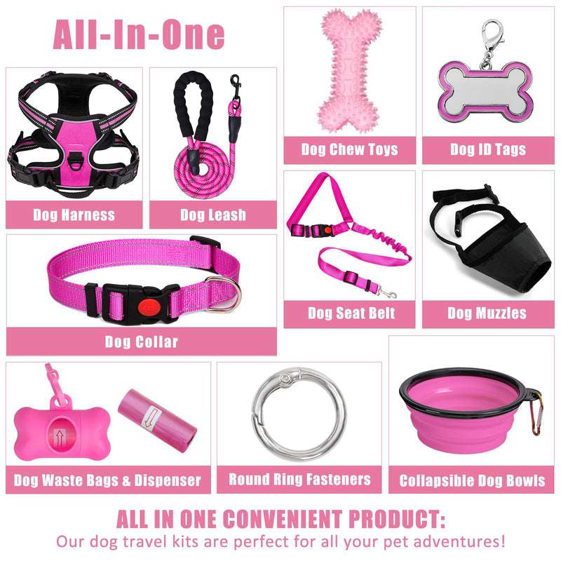 No Pull Dog Harness Adjustable Collar & Leash Set - Dog Halter Harnesses Collapsible Bowls & Poop Bag Dispenser Muzzle ID Tags Toys Fits Small Medium Large Dogs (Pink-M) Pink