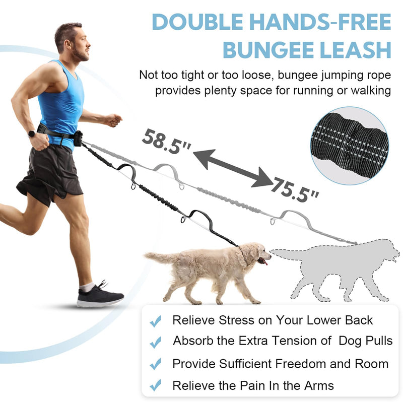 Hands Free Dog Leash with Pouch, Double Leash for Two Dogs, Retractable Bungee with Double Padded Handles, Dog Waist for Dog Walking,Dog Walking Accessories,Black Grey Black/Silver Gray Large 2 Leashes - PawsPlanet Australia