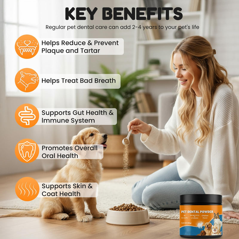 Dog Teeth Cleaning Powder - Plaque & Tartar Control, Breath Fresheners with Natural Seaweed, Probiotics, Vitamins, Turmeric & Enzymes for All Dogs & Cats (Chicken Flavor, 75 Scoops) - PawsPlanet Australia