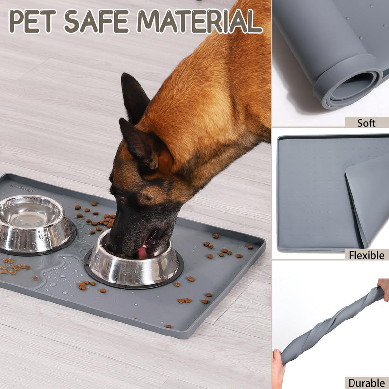 MateeyLife Silicone Cat & Dog Food Mat for Floors Waterproof, Anti-Slip Dog Bowl Mats for Food and Water, Pet Feeding Mats with Lip to Prevent Spills, Pet Placemat for Messy Drinkers to Protect Floors 18''×12'' Gray - PawsPlanet Australia