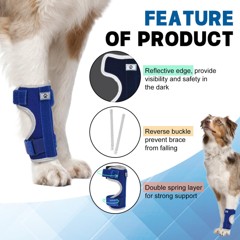 Dog Front Leg Brace with Removable Metal Springs- Adjustable Reflective Ankle Wrap for Dogs, Anti-Slip Reverse-Buckle Design Dog Splint Front Leg for Arthritis, Sprains, Injury Recovery (Blue, S) Blue