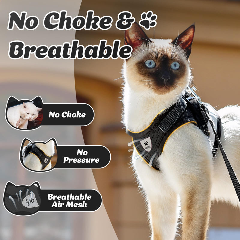 Supet Cat Harness and Leash Set for Walking and Small Dog Soft Mesh Harness Adjustable Vest with Reflective Strap Comfort Fit for Pet Kitten Puppy Rabbit M (Chest: 12.5" - 15.5") Black - PawsPlanet Australia