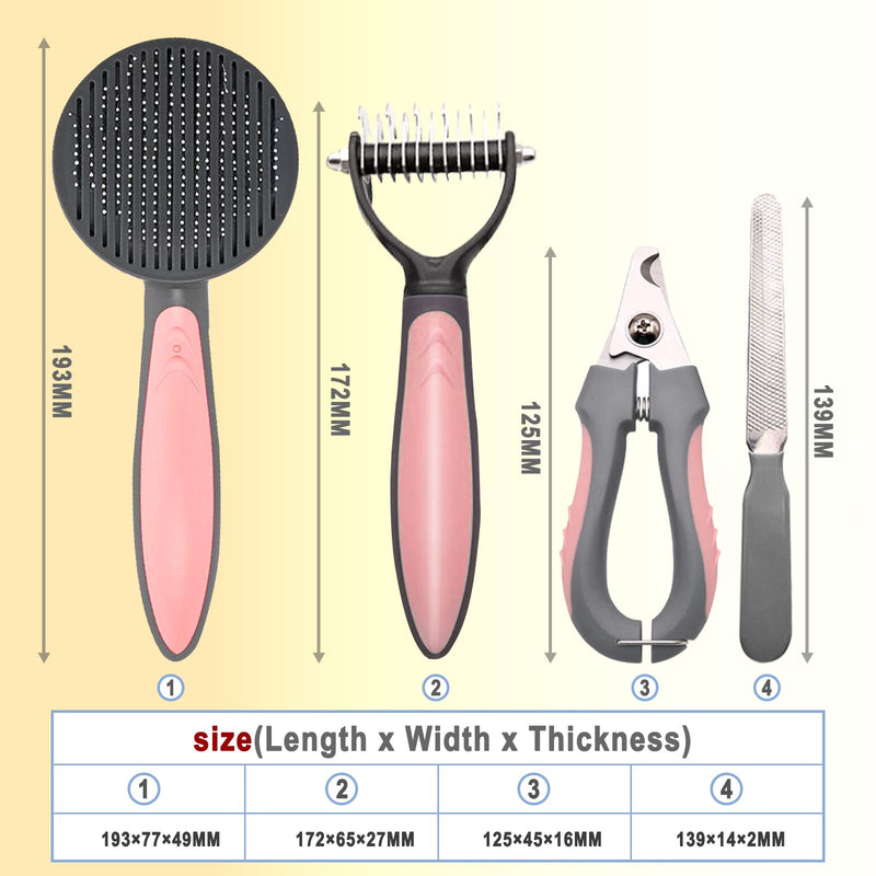 Pet Deshedding Brush Set, Undercoat Rake for Dogs & Cats - Double Sided Brush for Shedding and Dematting Comb Grooming Tool kit - Nail Clippers & Nail File Kit (4Pack) Pink - PawsPlanet Australia