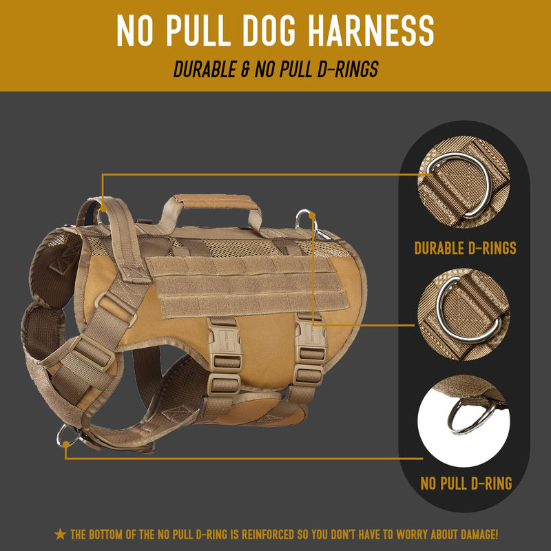 Tactical Dog Harness for Large Dogs, Breathable Air Mesh Dog Vest Harness, Service Dog Vest with Double Handles, No Pull Military Molle Vests for Walking Hiking Training Army Brown XL - PawsPlanet Australia