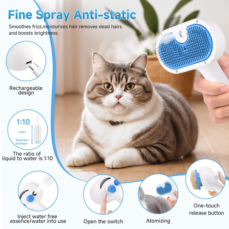 Pet Steam Brush for Dog & Cat - 3-in-1 Steam Grooming Slicker Brush & Undercoat Rake for Shedding - Self Cleaning Spray Comb with Mist for Long & Short Haired Pets - Includes Waterless Shampoo, Blue - PawsPlanet Australia