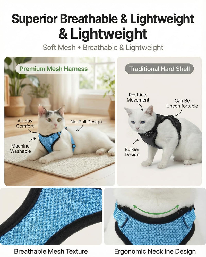 Luxelle 2 Pack Escape-Proof Cat Harness and Leash Set for Walking – Adjustable No Pull Soft Vest with Easy-Wear Buckle, Reflective Straps, Breathable Mesh – Outdoor Travel Harness for Cats & Kittens Sky Blue XS