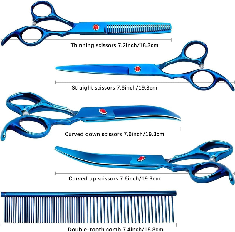 EVEN Professional Dog Grooming Scissors Set for Cats and Dogs-9CR Coated Steel, Safety Kit- Straight and Thinning Shears, Curved Up Shears , Metal Pet Comb, Scissor Sharpener and Case-Pet Fur Care