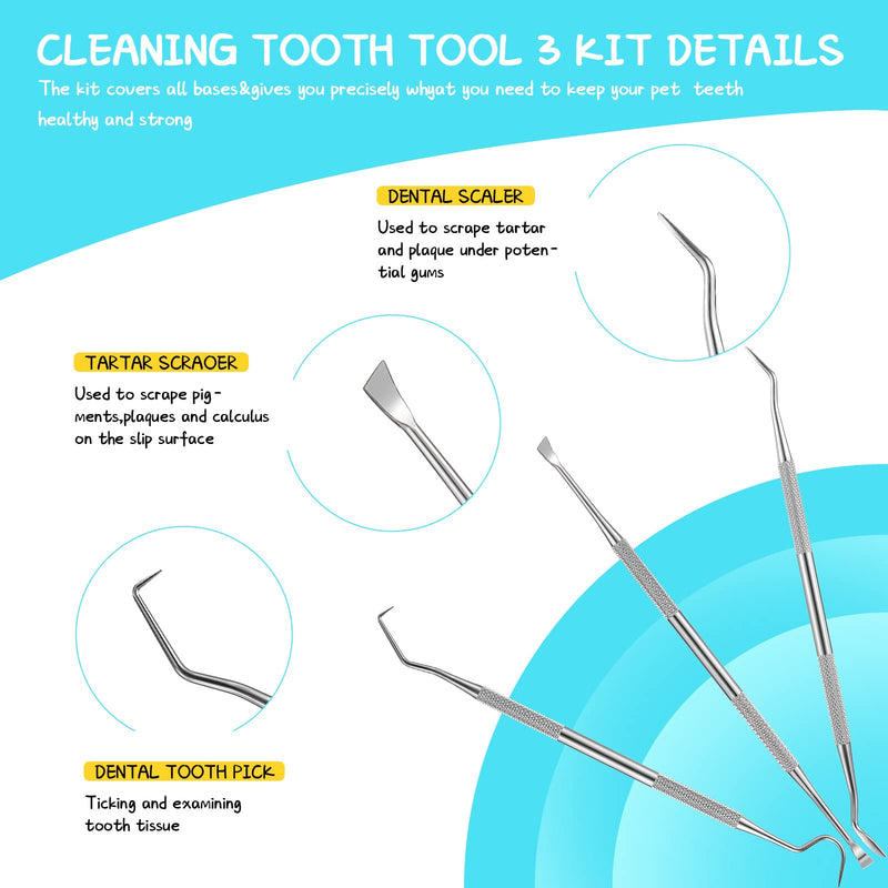 7 Pieces Dog Teeth Cleaning Kit Includes Dental Tooth Scaler and Scraper Stainless Steel Tarter Remover Scraper 3 Head Dog Toothbrush and Silicone Dog Finger Toothbrush Dog Plaque Remover Tools