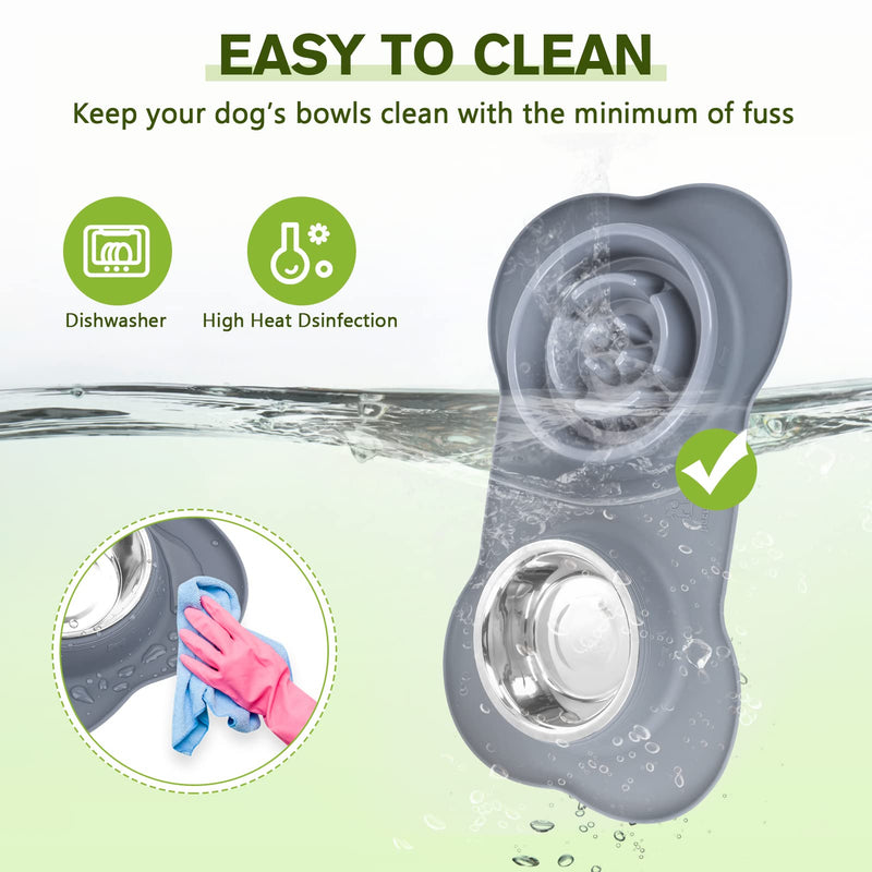 Pecute Slow Feeder Dog Bowls to Slow Down Eating, Dog Bowl Slow Feeder with No-Spill Non-Skid Silicone Mat, Food-Grade Safe Dog Food Bowls Slow Feeder, Stainless Steel Dog Water Bowl for Dogs Cats Medium-1¾ Cup/13.5 oz each Grey - PawsPlanet Australia