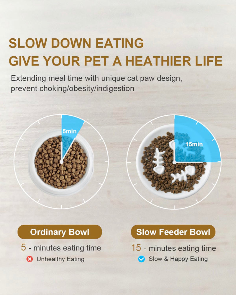 Ceramic Cat Dog Feeder, Slow Feed Bowl with Stand, 2.5'' High, 5.2'' Wide, Whisker Friendly, Easy to Clean, for Cats and Small Dogs Small Fish Bone-White - PawsPlanet Australia