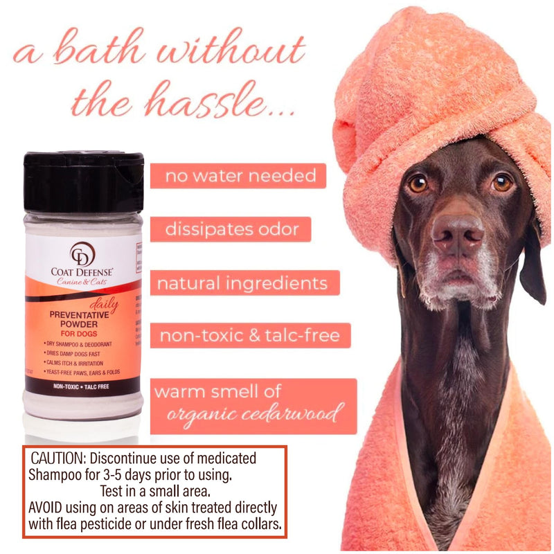 COAT DEFENSE Preventative Powder | Made in USA | 3.5oz Waterless Dog Shampoo & Pet Deodorizer for Smelly Dogs | Provides Anti Itch Relief | Dog Shampoo for Dry Itchy Skin & Dog Shampoo for Smelly Dogs - PawsPlanet Australia