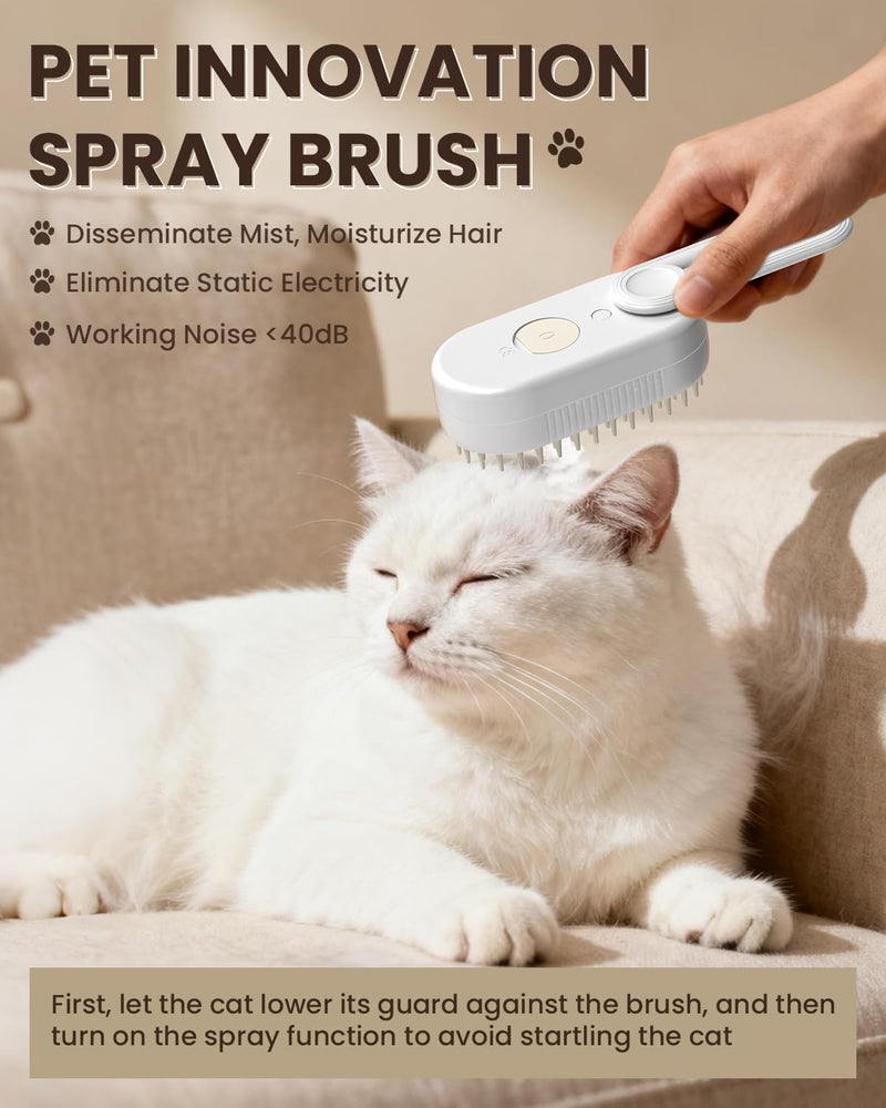 Cat Steam Brush for Shedding, Pet Steam Brush for Cats and Dog, 4 in 1 Rechargeable Cat Hair Brush, Spray Anti-Static, Massage, Cleaning, Shedding & Combing All In One, for Long & Short Haired Pets! White