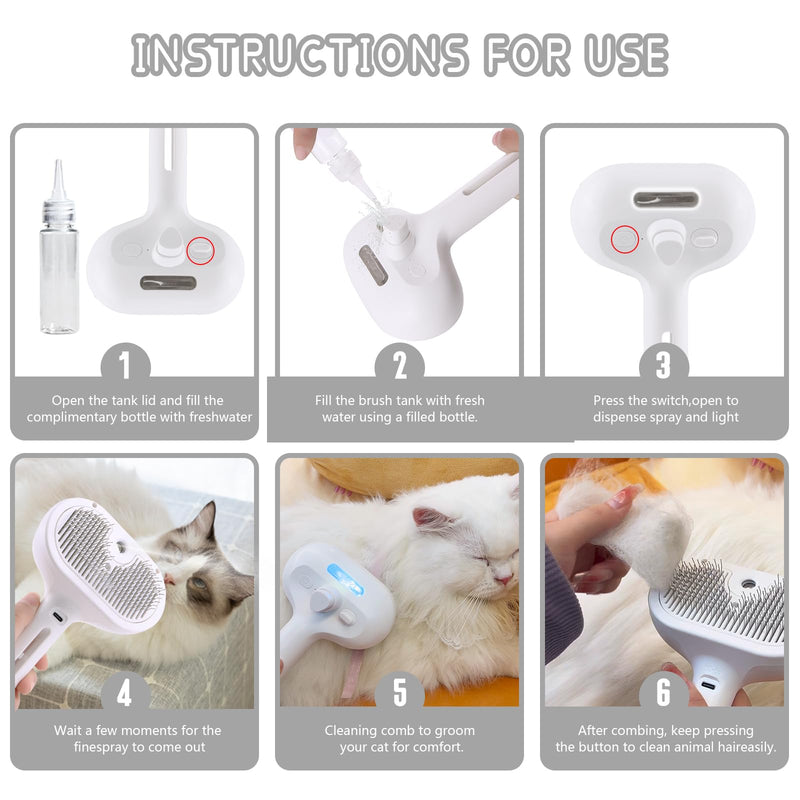 Spray Cat Pet Grooming Brush with Water Sprayer - Hair Removal Comb for Cats and Dogs, White Shedding and Bath Brush with Steam Release c white withyt - PawsPlanet Australia
