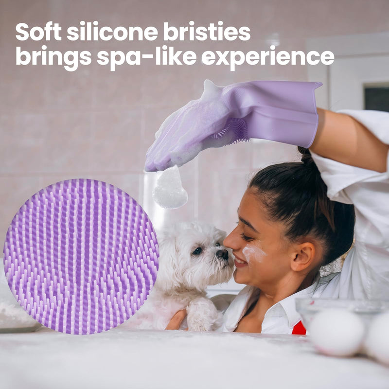DELOMO Dog Washing Gloves 1 Pair: Soft and Gentle Silicone Pet Grooming Gloves - Bathing Scrubber Brush Mitt Grooming Shedding Fur Removal Massage for Dogs/Cats/Horse, Purple Medium - PawsPlanet Australia