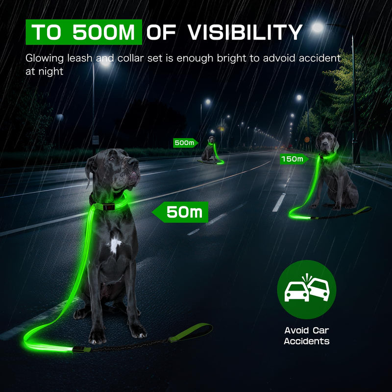 Light up Dog Collar & Lesh Set - Flashing Dog Leash Set Glow in The Dark Dog Collars for Medium Dogs with Elastic Cord 5.4-6.6FT L Vitality Green - PawsPlanet Australia