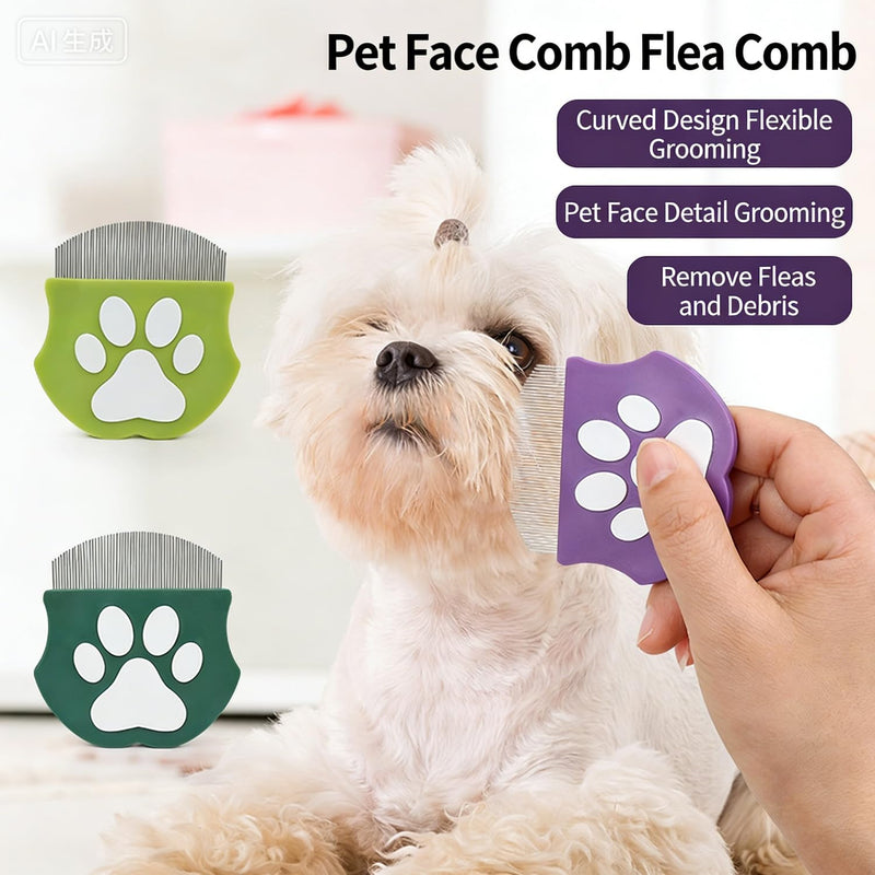 Pet Face Comb, Mini Flea Comb with Fine Teeth, Curved Brush for Removing Loose Hair & Tear Stains, Stainless Steel Teeth for Dogs and Cats, Safe for Sensitive Skin