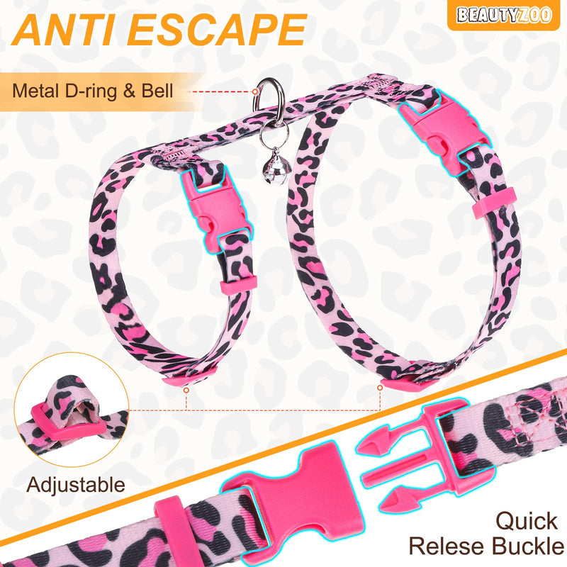 BEAUTYZOO Cat Harness and Leash Set Escape Proof for Walking, Kitten Soft Adjustable Vest Harnesses for Small Medium Large Cats, Easy Control Breathable Plaid Ribbon Nylon for Outdoor Indoor Use Medium(Chest: 14"-22") Leopard Pink - PawsPlanet Australia