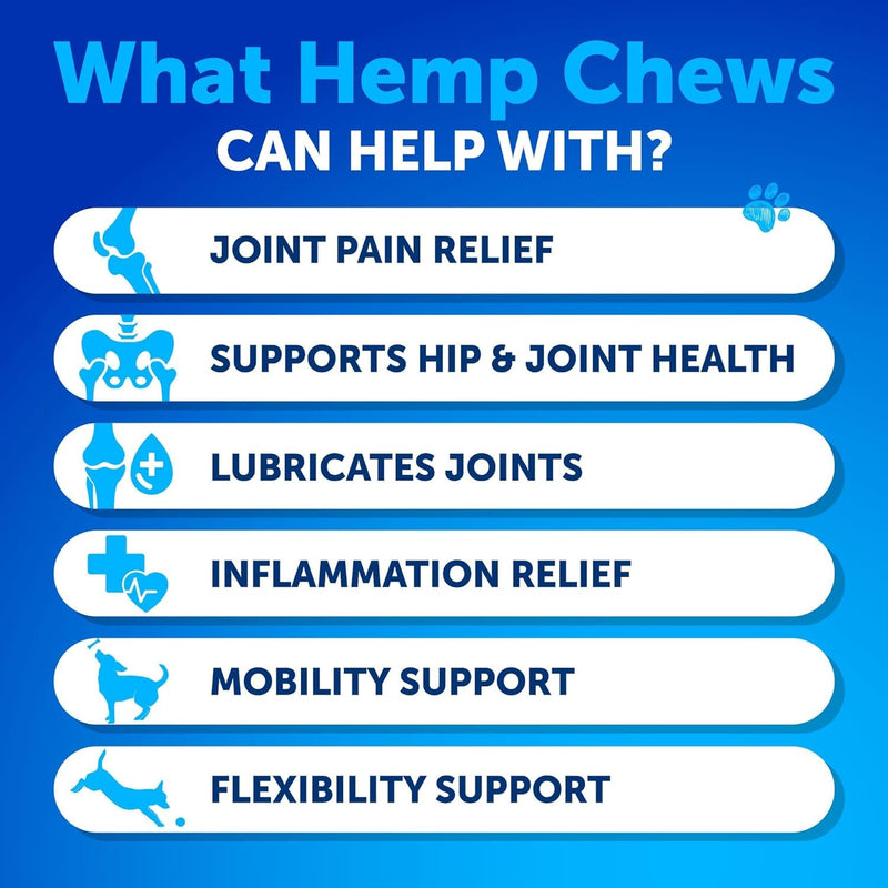 Hemp Hip and Joint Supplement for Dogs - Glucosamine for Dogs - Dog Joint Pain Relief Treats - Chondroitin - MSM - Hemp Oil - Mobility Support - Advanced Canine Joint Health - Made in USA - 120 Chews Hemp Hip & Joint