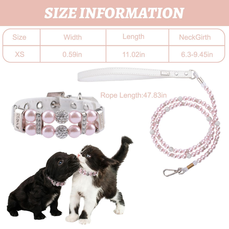 Pearl Dog Leash and Collar,Dog Cat Pearl Collar Leash Set Adjustable Dog Leather Pearls Collars with Rhinestone for Small Dogs Cats Puppy XS(Pink) - PawsPlanet Australia