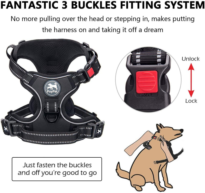 PoyPet Dog Harness and Leash Combo, Escape Proof No Pull Vest Harness, with 5 Feet Leash, Reflective Adjustable Soft Padded Pet Harness with Handle for Small to Large Dogs(Black,L) L Black - PawsPlanet Australia