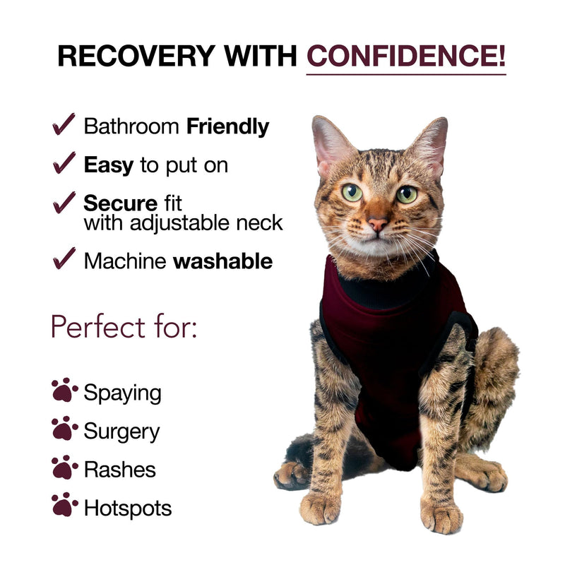 Bellyguard Cat Recovery Suit for Female and Male, Cat Surgery Suit Alternative, Onesie for After Spay Care, Post-Surgery Protective Body Cover for Feline and Kitten Healing XSmall+ Maroon