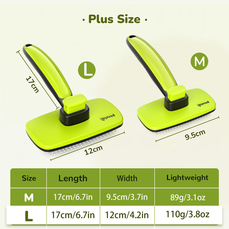 Pecute Cat and Dog Brush for Grooming - Self Cleaning Slicker With Rounded Pins for Short Haired Cats and Small Dogs - Safe and Smooth L Green