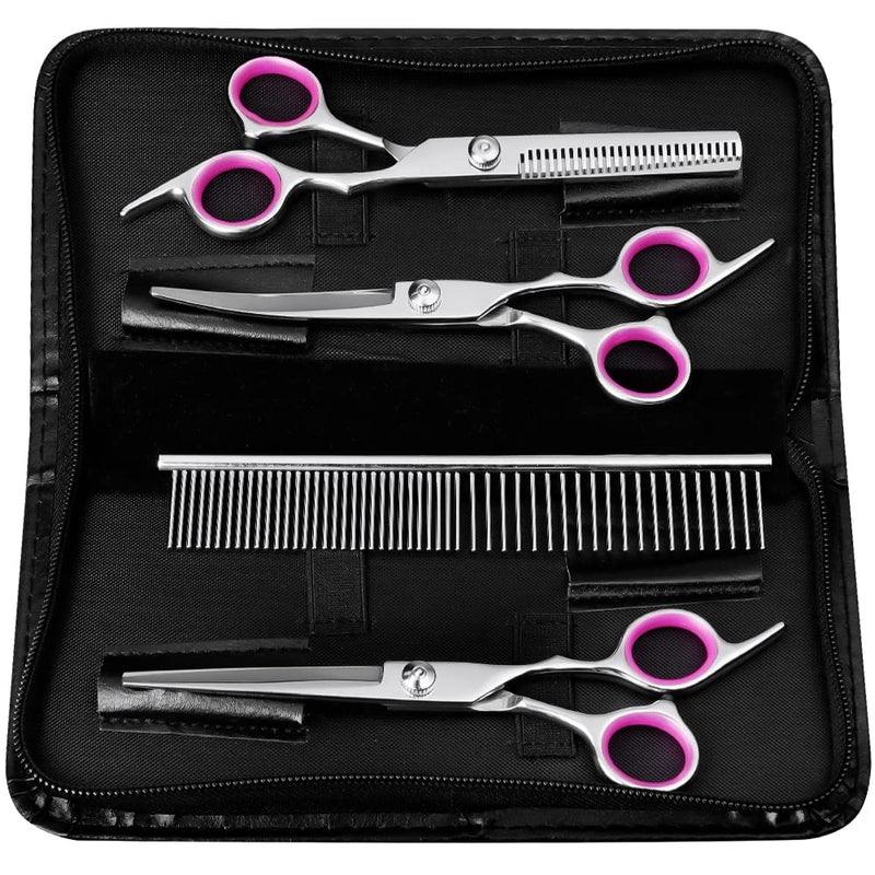 Dog Grooming Scissors, 5 Pcs Stainless Steel Pet Trimmer Kit, Fashion Hair Cutting Grooming Tool for Dogs and Cats - with 6-inch Cutting Scissors, Thinning Shear, Curved Scissors, Grooming Comb Pink 4 in 1