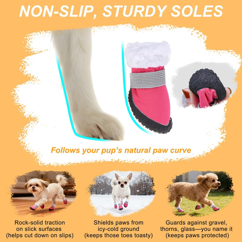 BEAUTYZOO Dog Winter Boots, Waterproof Dogs Snow Shoes with Anti-Slip Sole & Warm Fleece Lining-Indoor Outdoor Paw Protectors for Small Dogs, Puppy Booties to Prevent Licking on Hardwood Floors,Size 4 Pink #4