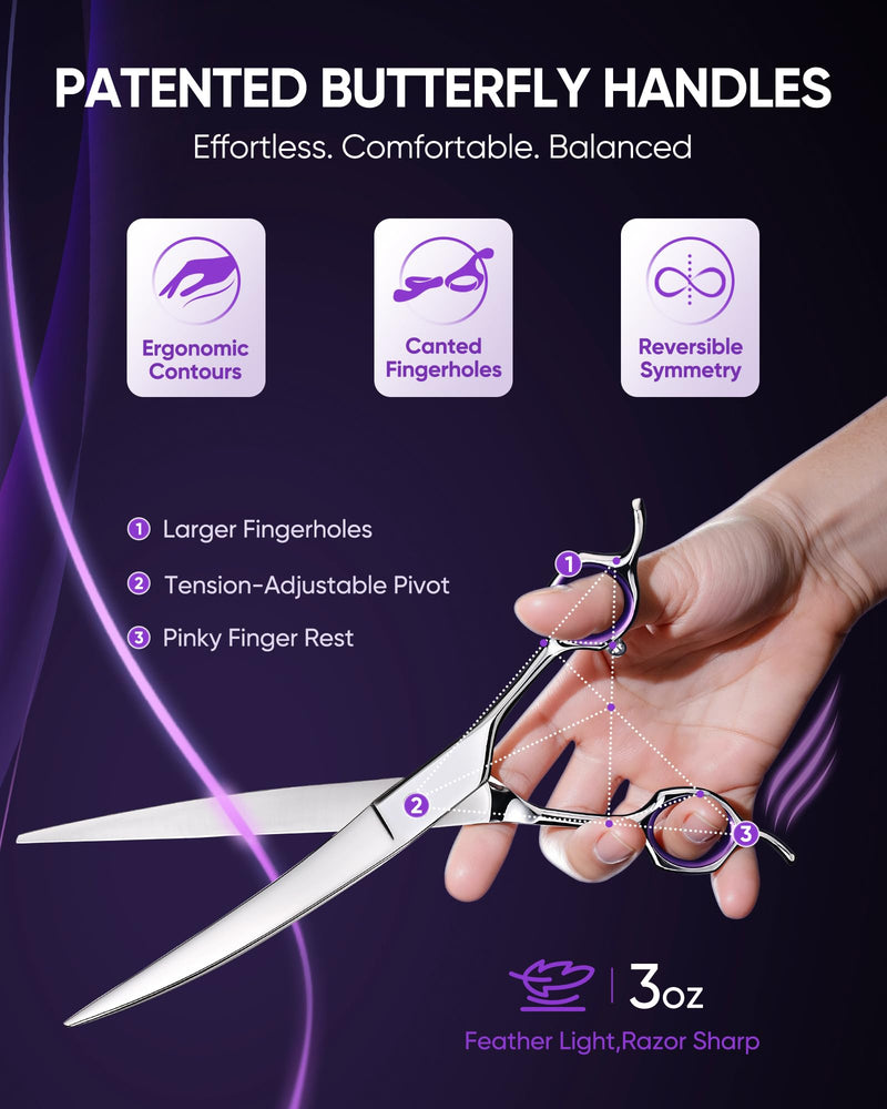 ULG 30° Curved Dog Grooming Scissors 440C Stainless Steel, 7.5" Professional Pet Grooming Shears with Reversible Butterfly Handles, Dog Scissors for Grooming Face, Eyes, Paws & Body Curved 440C - PawsPlanet Australia