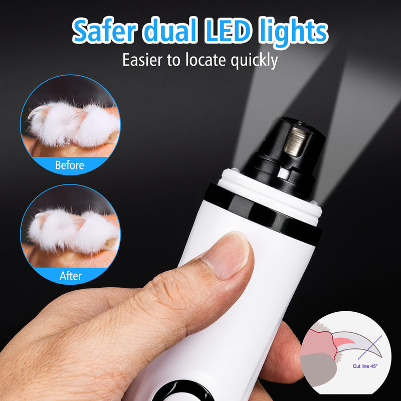 Pet Nail Grinder for Dogs and Cats - Super Quiet and Low Vibration Electric Dog Nail Grinder with 2 LED Lights - USB Rechargeable and Cordless - 3 Speeds - Small to Large Pets (White) White - PawsPlanet Australia