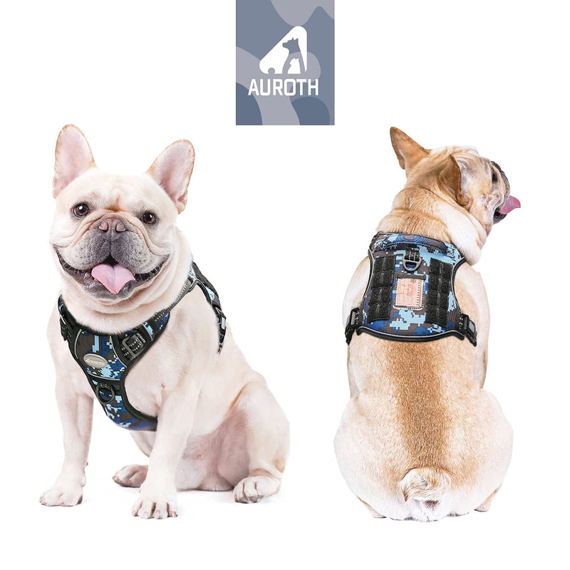 Auroth Tactical Anti Pull Dog Harness, Adjustable, Breathable, Reflective, Military Materials, Size S, Blue Camo S(Neck: 36-53cm, Chest:51-79cm)