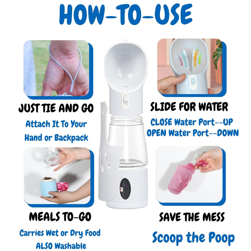 All-in-One Portable Dog Water Bottle, Food Dispenser, Poop Bag Dispenser, Dry/Wet Food Container 7 oz., Travel Water Bottle 9oz., 2 Poop Bags Included, Food Grade Plastic, Leak Proof-Grey Color - PawsPlanet Australia