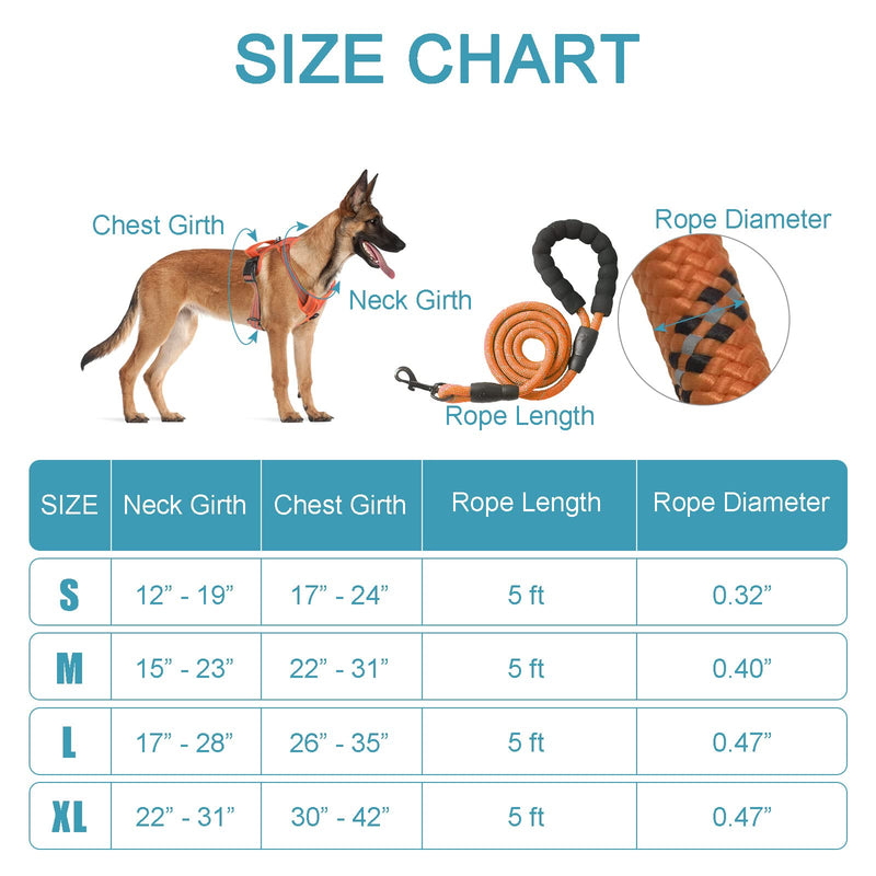 Dog Harness Medium No Pull for Large Dogs and Lead set Adjustable Reflective Pet Vest with Front clip Handle Padded dog harness best for outdoor Training and walking Orange L