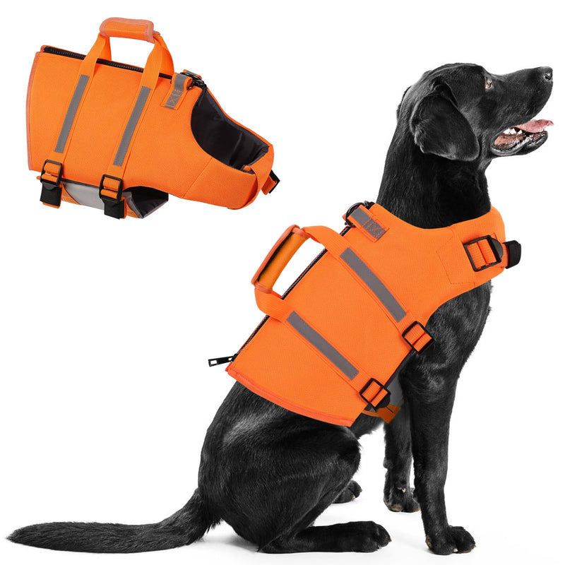 Queenmore Dog Life Jacket, Small Dog Life Vest for Swimming, Dog Life Vest for Large Medium Small Dogs, Dog Floation Vest for Boating, Adjustable Dog Swim Vest with Rescue Handle, Zipper (Orange, S) Orange