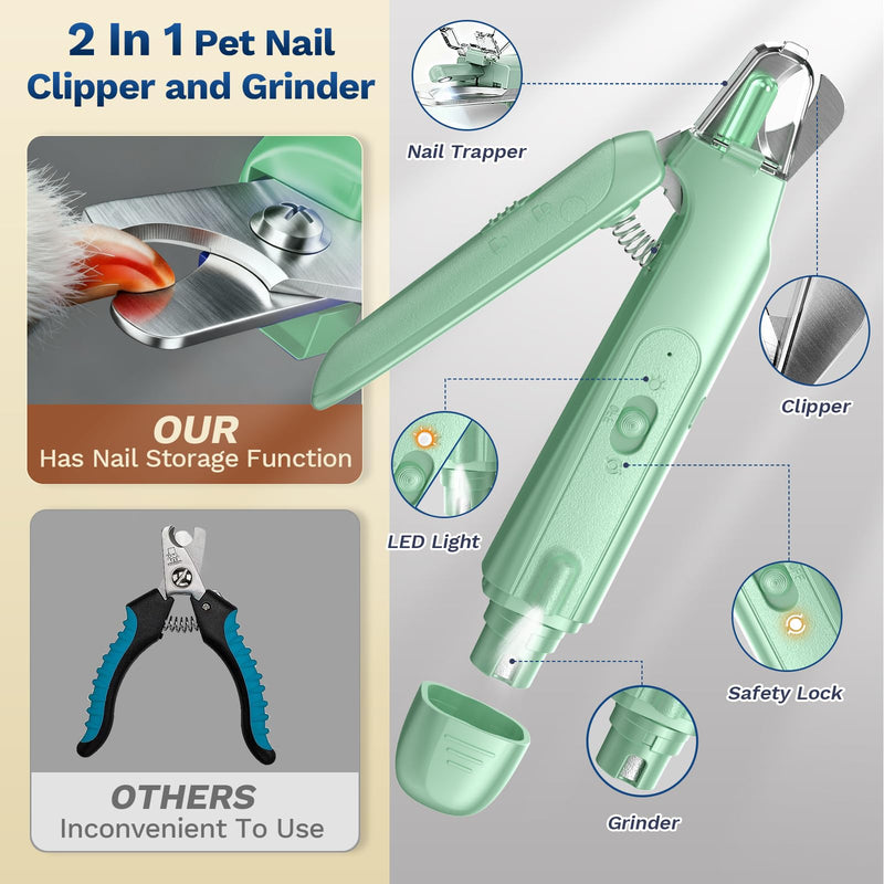 2-in-1 Dog & Cat Nail Clipper with Grinder - Dual Highlight LED Reduce Over-Trimming, Long Battery Cordless USB-C Rechargeable, Safety Lock & Catcher Cap, Quiet Home Grooming for Small Large Pets Green - PawsPlanet Australia