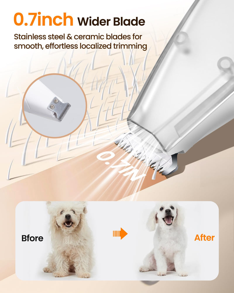 Vacuum Dog Paw Trimmer, Low Noise Paw Trimmers for Dog's Feet with Hair-Suction, Safety Cordless Electric Dog Clippers for Grooming, Rechargeable Cat Shaver for Paws, Ears, Face White
