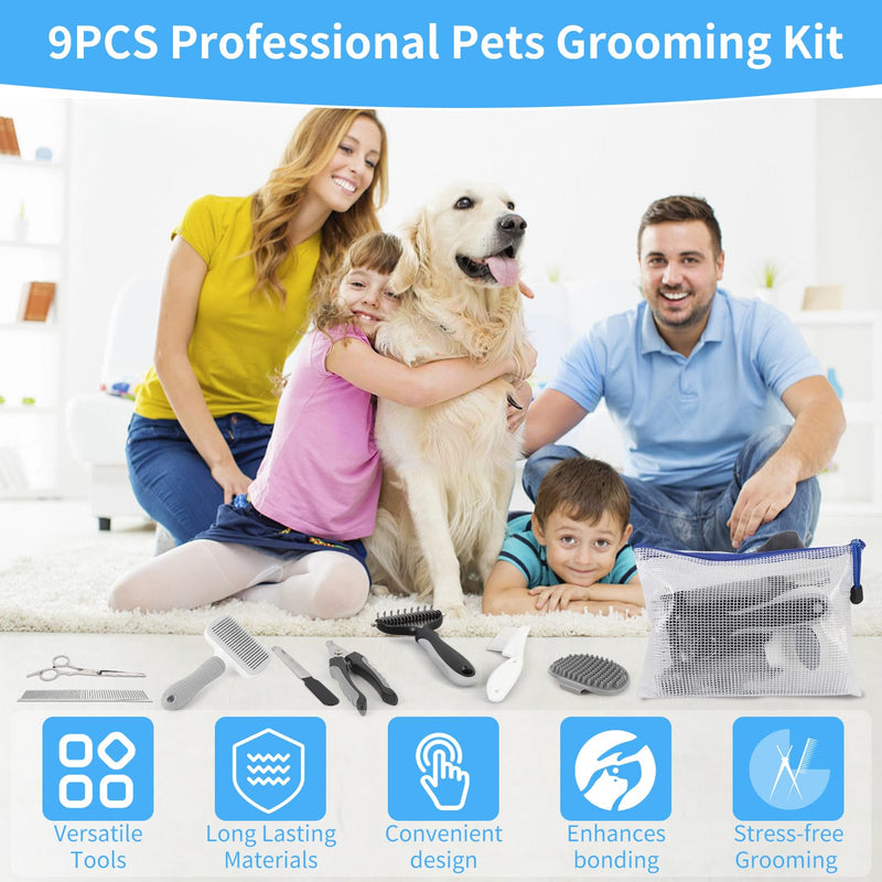 9 Pcs Pet Grooming Brush Set for Shedding, Professional Cats Dogs Long Hair Brush Nail Clipper And File Grooming Kit Self Cleanup Deshedding Multifunctional for Dogs Cats (Grey) Grey - PawsPlanet Australia