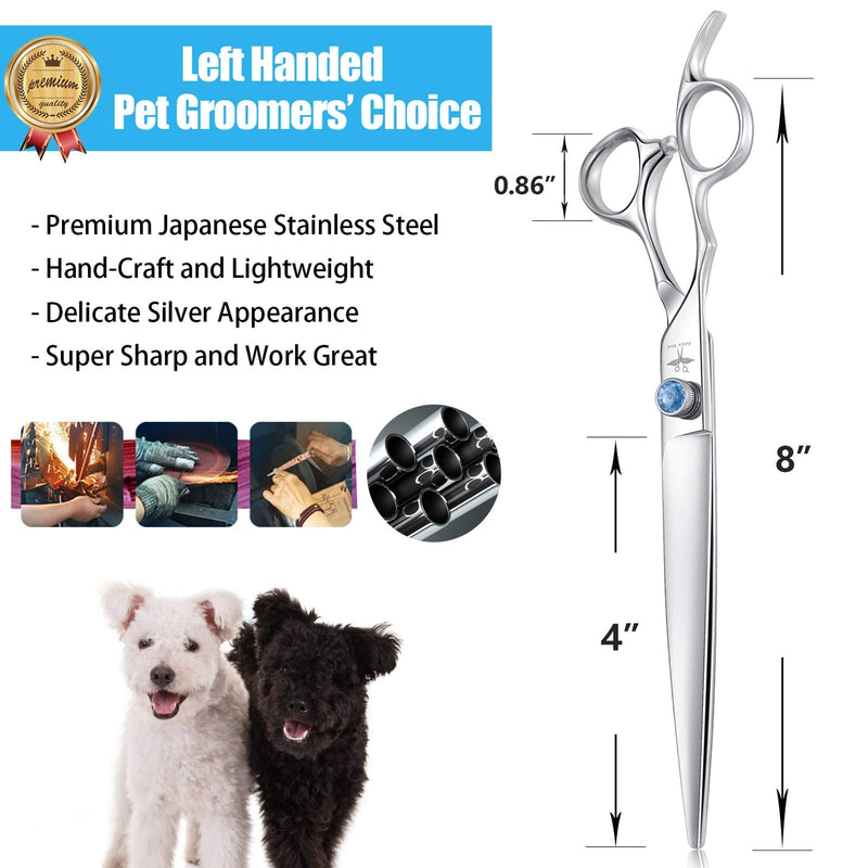 PURPLEBIRD 8 Inch Left Handed Straight Dog Grooming Scissors Professional Pet Cutting Shears Safety Noiseless Blunt Tip Trimming Shearing for Dogs Cats Japanese Stainless Steel Silver 8 Inch Left Handed Cutting - PawsPlanet Australia