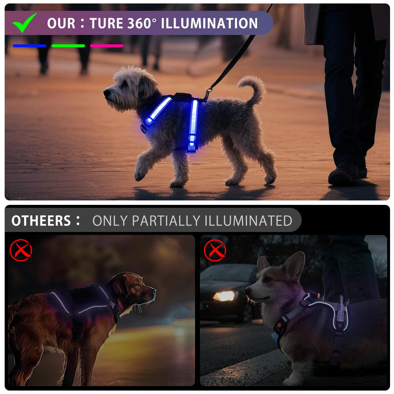 LED Dog Harness with Battery Indicator, USB-C Rechargeable, RGB Light Up Harness (Blue Green Pink), 3 Modes, Adjustable Reflective Puppy Vest for Small Dogs Cats, Night Walking Safety - PawsPlanet Australia