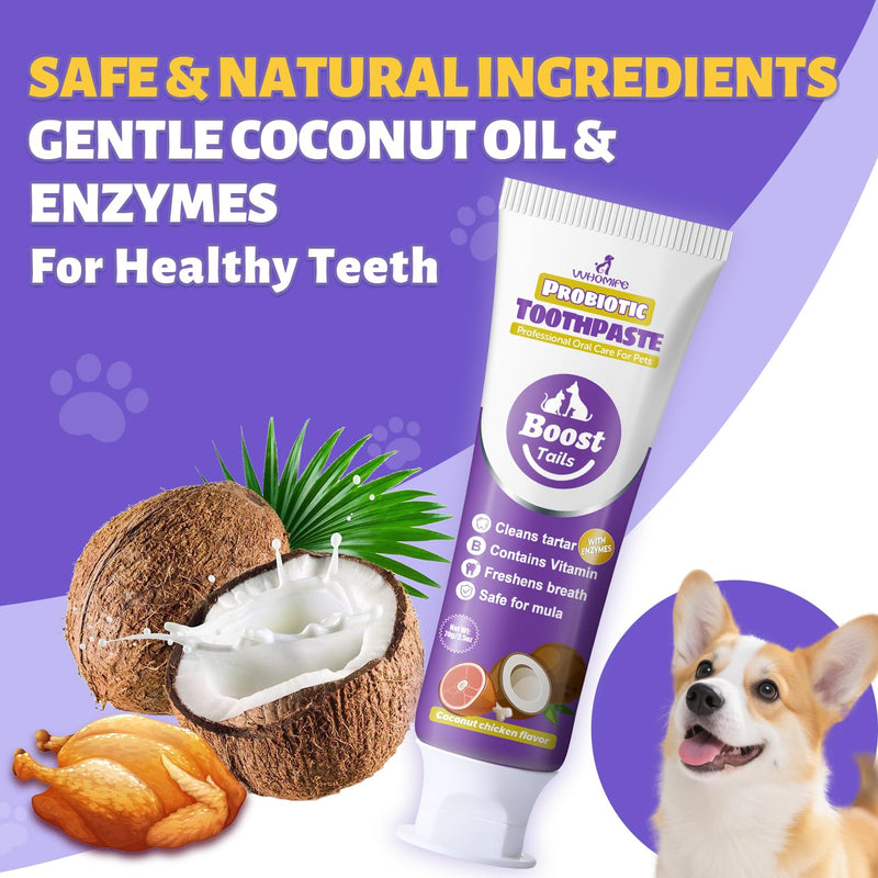 Vet Recommended Small Dog Teeth Brushing Kit 2.52oz + Natural Coconut Oil Dog & Cat Toothpaste for Fresh Breath 3.52oz