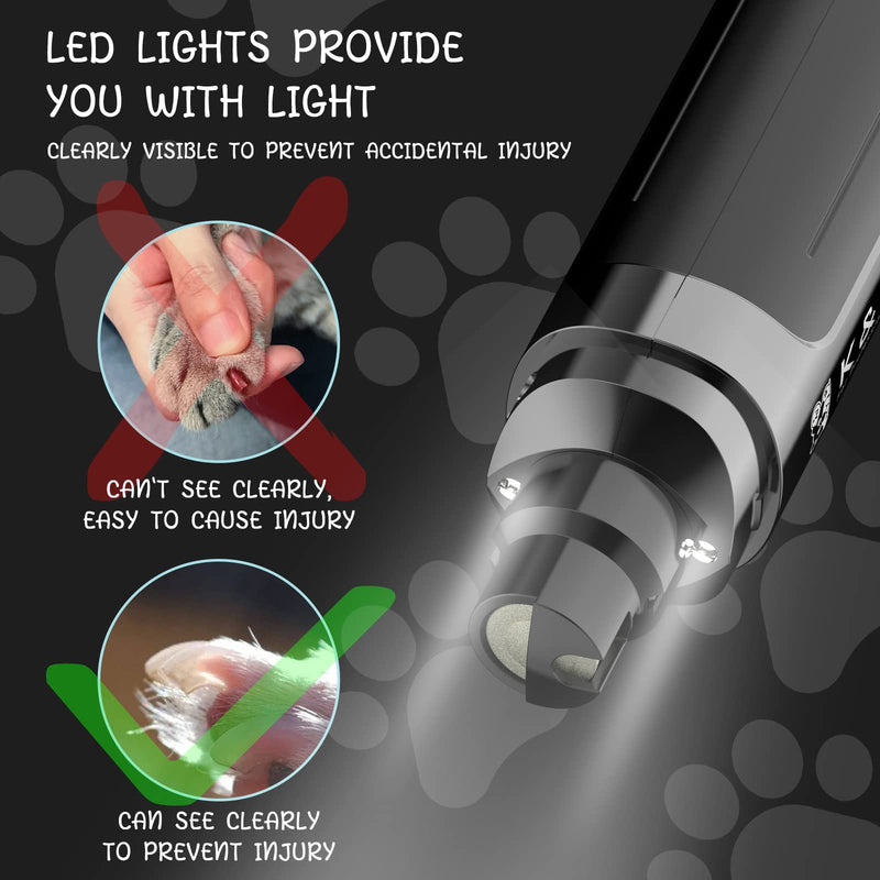 K&K Dog Nail Grinder, Professional 2-Speed Electric Pet Nail Trimmer, LED Light, for Small Medium Large Dogs, Cats (Black) (Black) Black