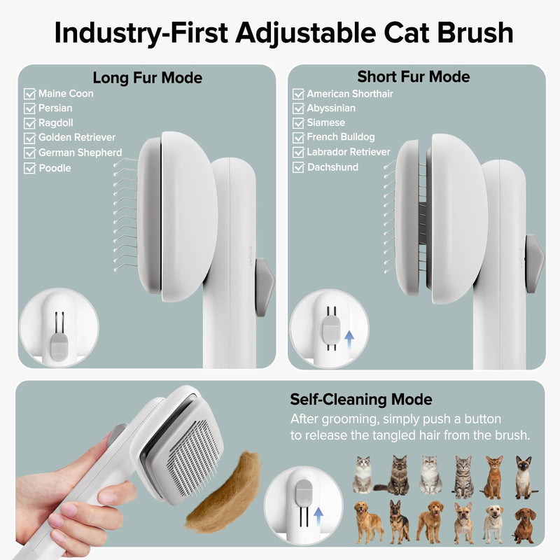 Cat Brush for Shedding, Industry-First Adjustable Cat Brushes for Indoor Cats, Self-Cleaning Slicker brush, 264 Skin-Friendly Needles for Long or Short Haired Dogs, Perfect for Deshedding & Massaging White
