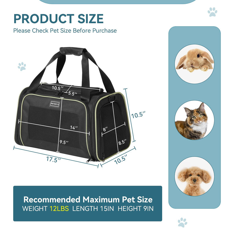 PETSFIT Pet Carrier Airline Approved with Extendable Mat, Dog Carriers for Small Dogs, TSA Approved Pet Carrier, Puppy Carrier for Small and Medium Cats Under 12 Lbs, Black 17.0"L x 10.3"W x 10.3"H - PawsPlanet Australia